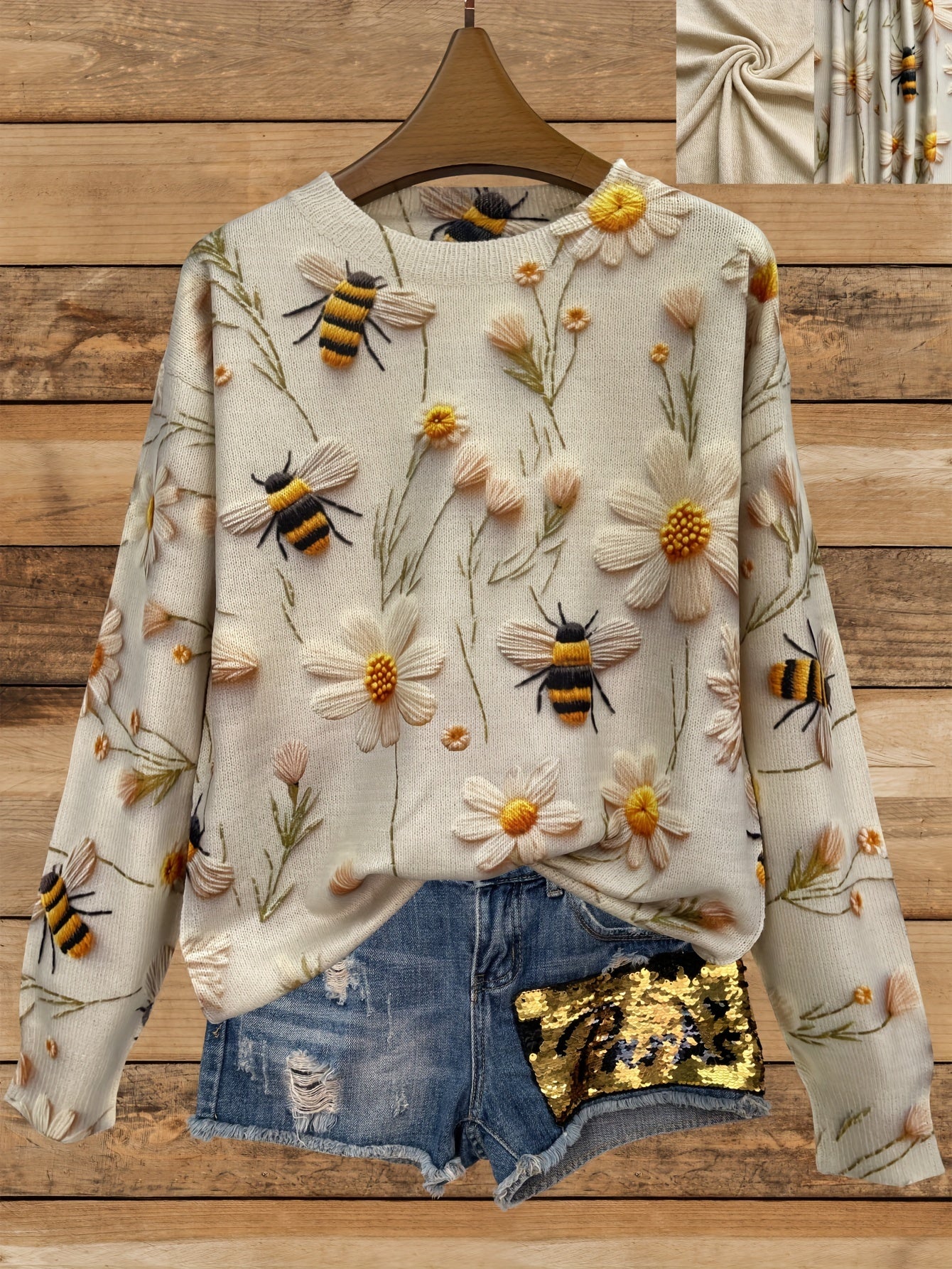 Heidi | Sweater met Bloem- en Bijendessin en Ronde Hals
