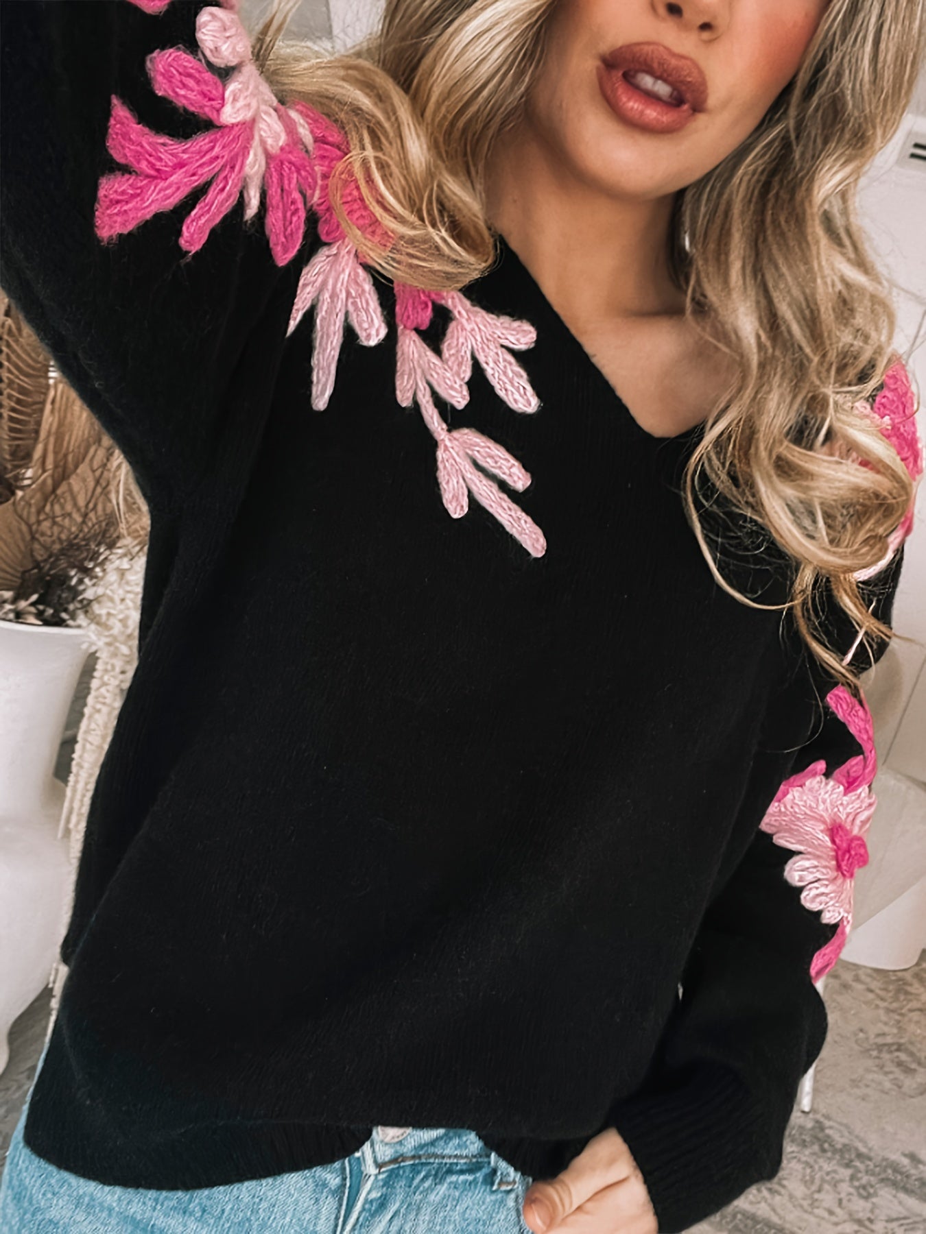 Marta | Sweater met V-hals en Bloemmotief