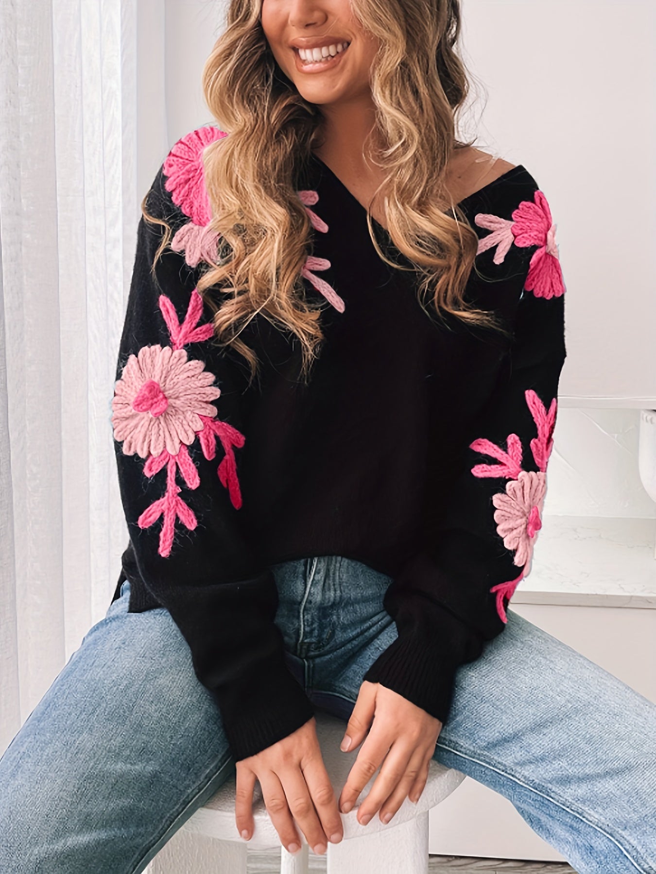 Marta | Sweater met V-hals en Bloemmotief