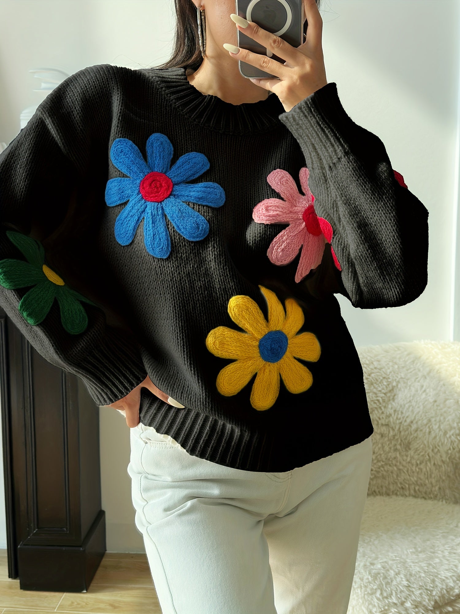 Mandy | Sweater met Bloemenpatroon en Ronde Hals