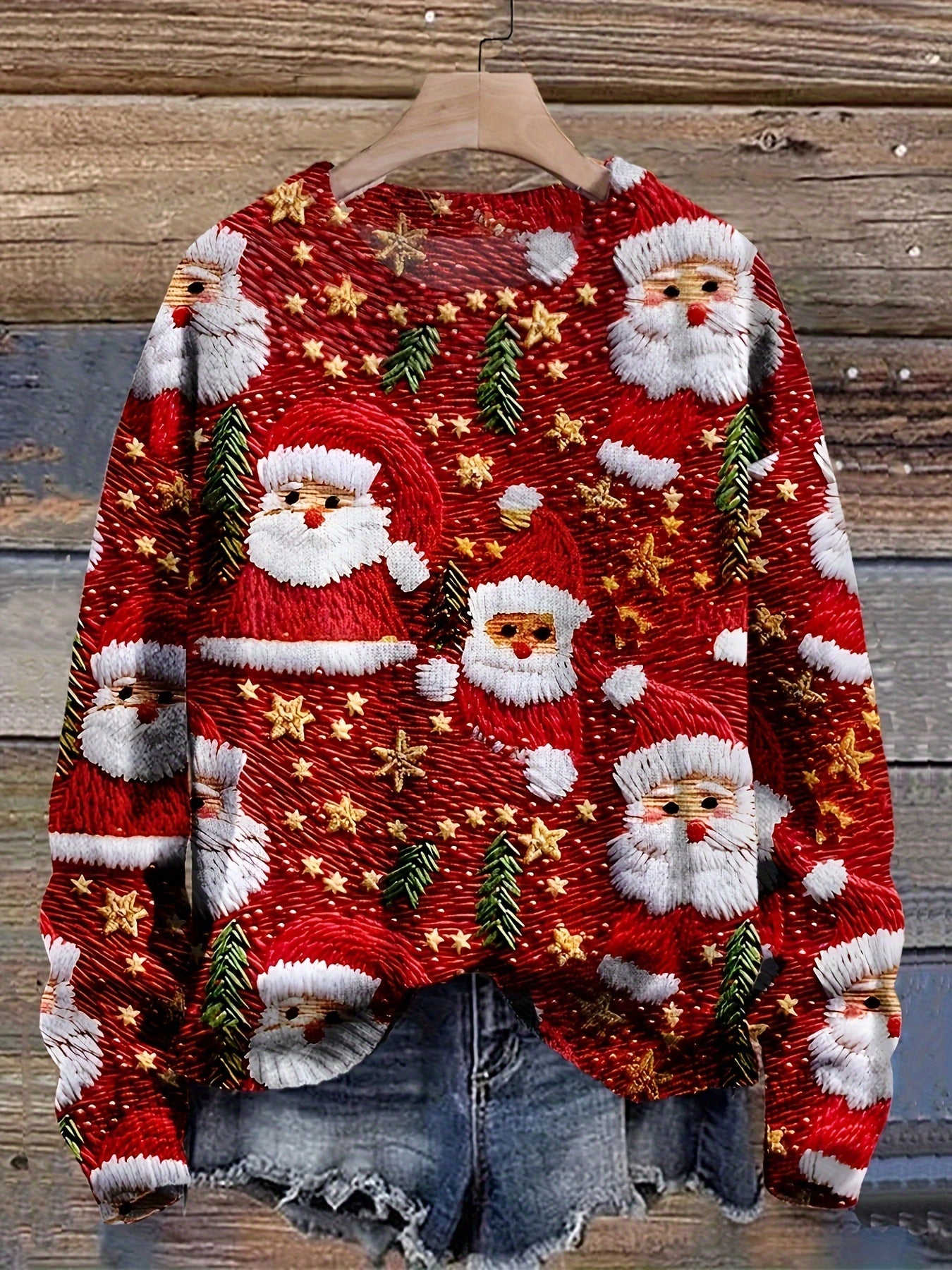 Gesina | Kerstmannenprint Sweater met Ronde Hals