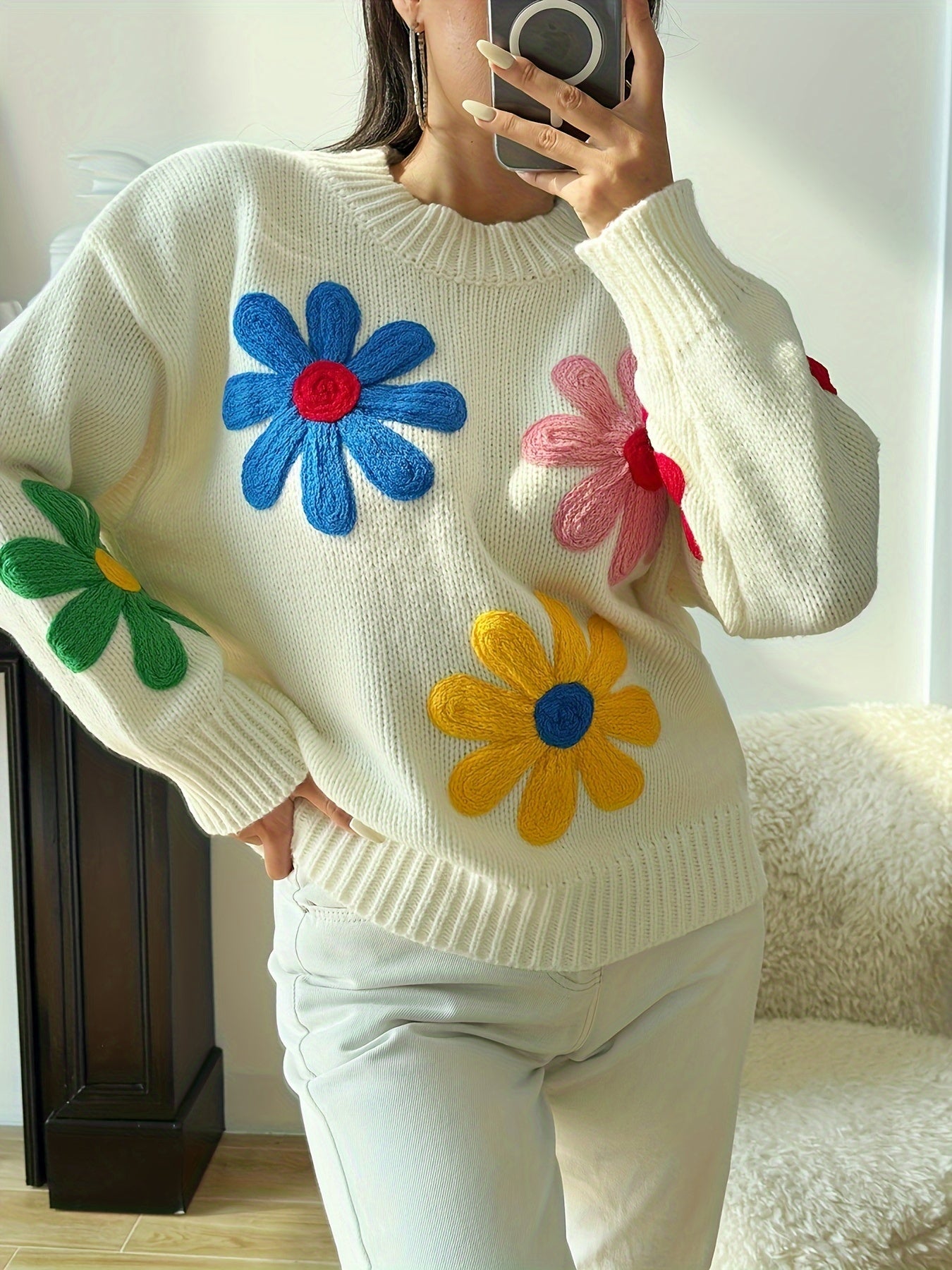 Mandy | Sweater met Bloemenpatroon en Ronde Hals