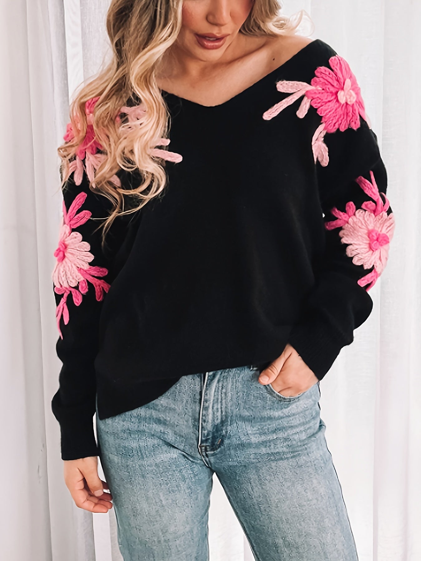 Marta | Sweater met V-hals en Bloemmotief